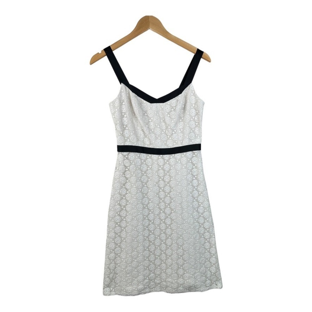ANN TAYLOR LOFT BLACK TRIM IVORY LACE SLEEVELESS DRESS SIZE 2 Petite